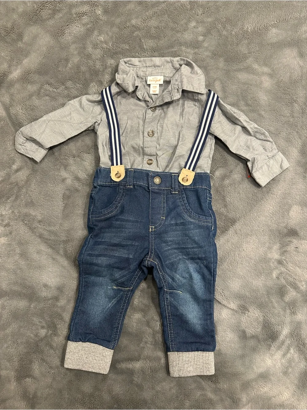 Cat & Jack Navy Denim Suspender Jeans with Grey Shirt